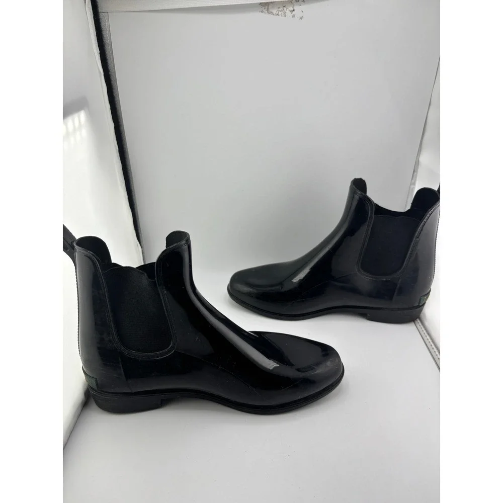 Lauren Ralph Lauren Tally Black Glossy Chelsea Rain Boots Womens 8B Waterproof